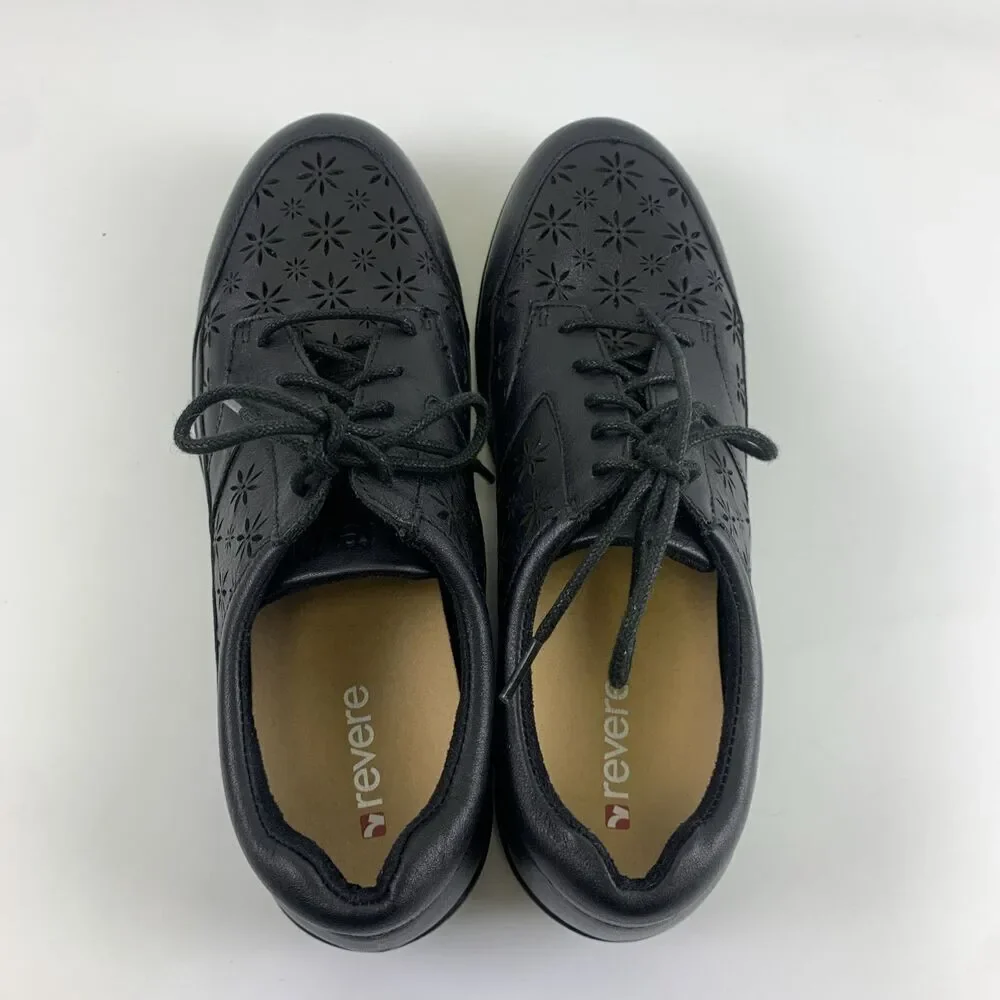 Revere Orlando Black Stretch Leather Lace Up Shoe Flat Comfort Cut Out Womens 9